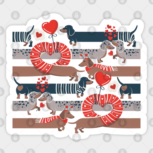 Dachshunds long love // neon red hearts scarves sweaters and other Valentine's Day details brown nile blue and dark grey spotted funny doxies dog puppies Sticker by SelmaCardoso